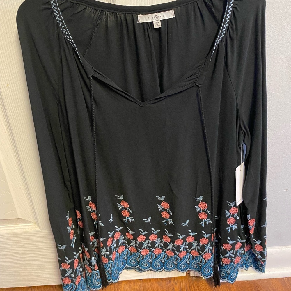 NWT Black Boho Blouse with Floral Embroidery Size M